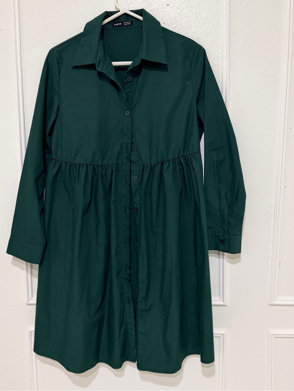 Forest Green Button-Front Long Sleeve Shirt Dress
